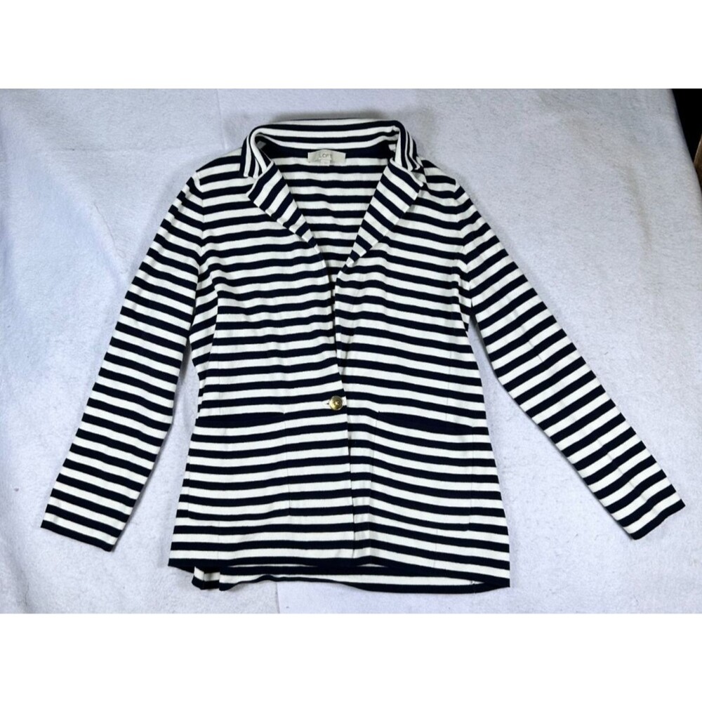 LOFT Women's L Navy White Striped Knit Blazer Cotton Blend One Button Stretch